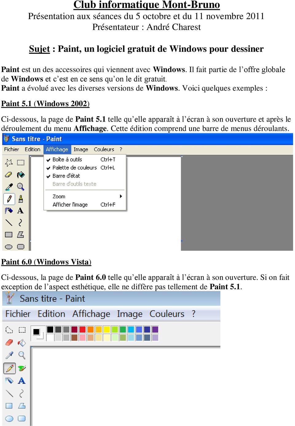 Voici quelques exemples : Paint 5.1 (Windows 2002) Ci-dessous, la page de Paint 5.1 telle qu elle apparaît à l écran à son ouverture et après le déroulement du menu Affichage.