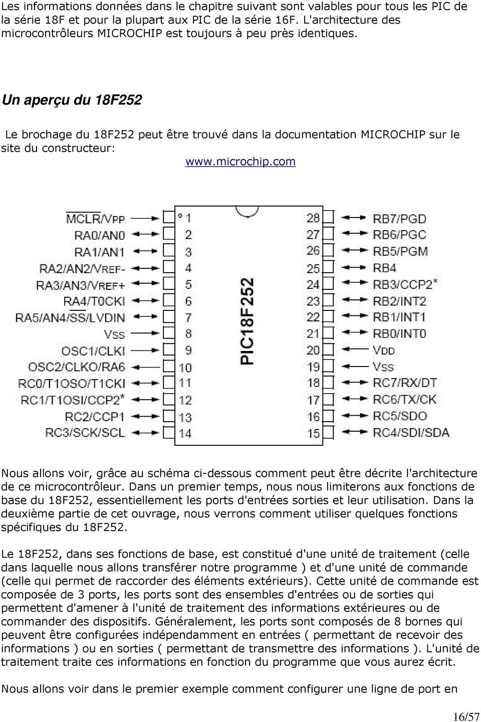Un aperçu du 18F252 Le brochage du 18F252 peut être trouvé dans la documentation MICROCHIP sur le site du constructeur: www.microchip.