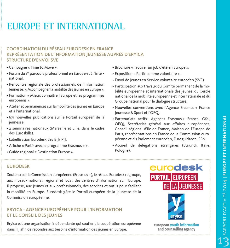 et à l international. 671 nouvelles publications sur le Portail européen de la 2 séminaires nationaux (Marseille et Lille, dans le cadre des Euroskills). Labellisation Eurodesk des BIJ/ PIJ.