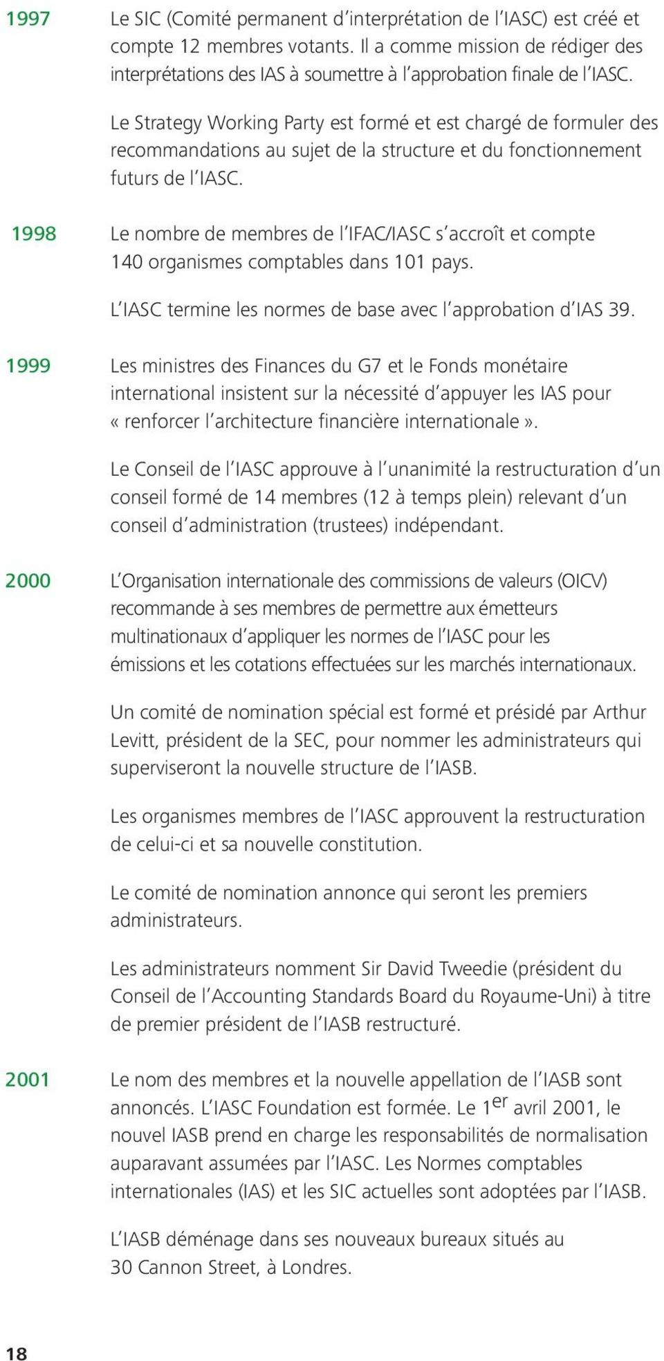 1998 Le nombre de membres de l IFAC/IASC s accroît et compte 140 organismes comptables dans 101 pays. L IASC termine les normes de base avec l approbation d IAS 39.