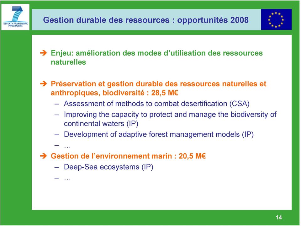 to combat desertification (CSA) Improving the capacity to protect and manage the biodiversity of continental waters (IP)