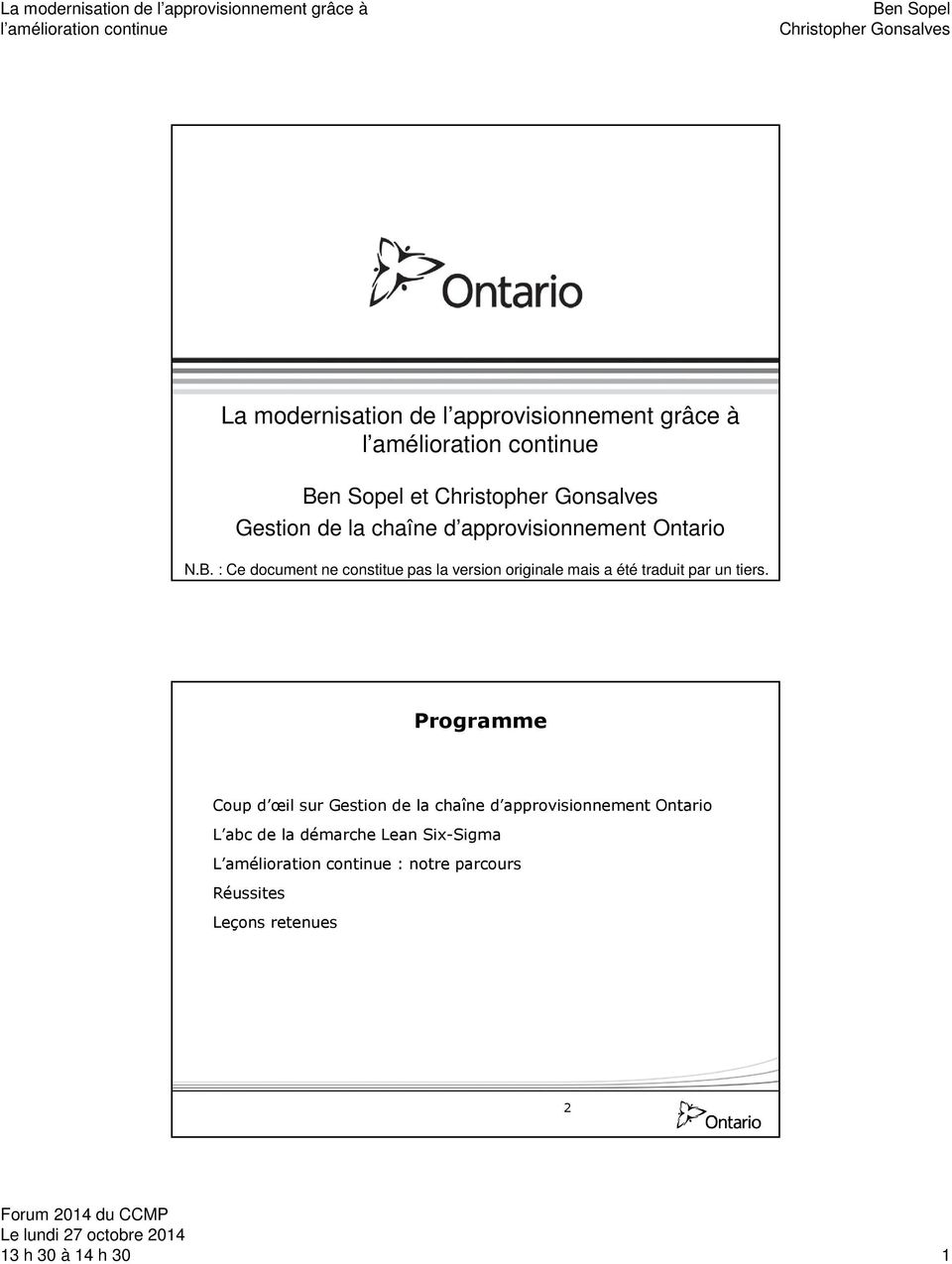 Programme Coup d œil sur Gestion de la chaîne Ontario L abc de la démarche Lean