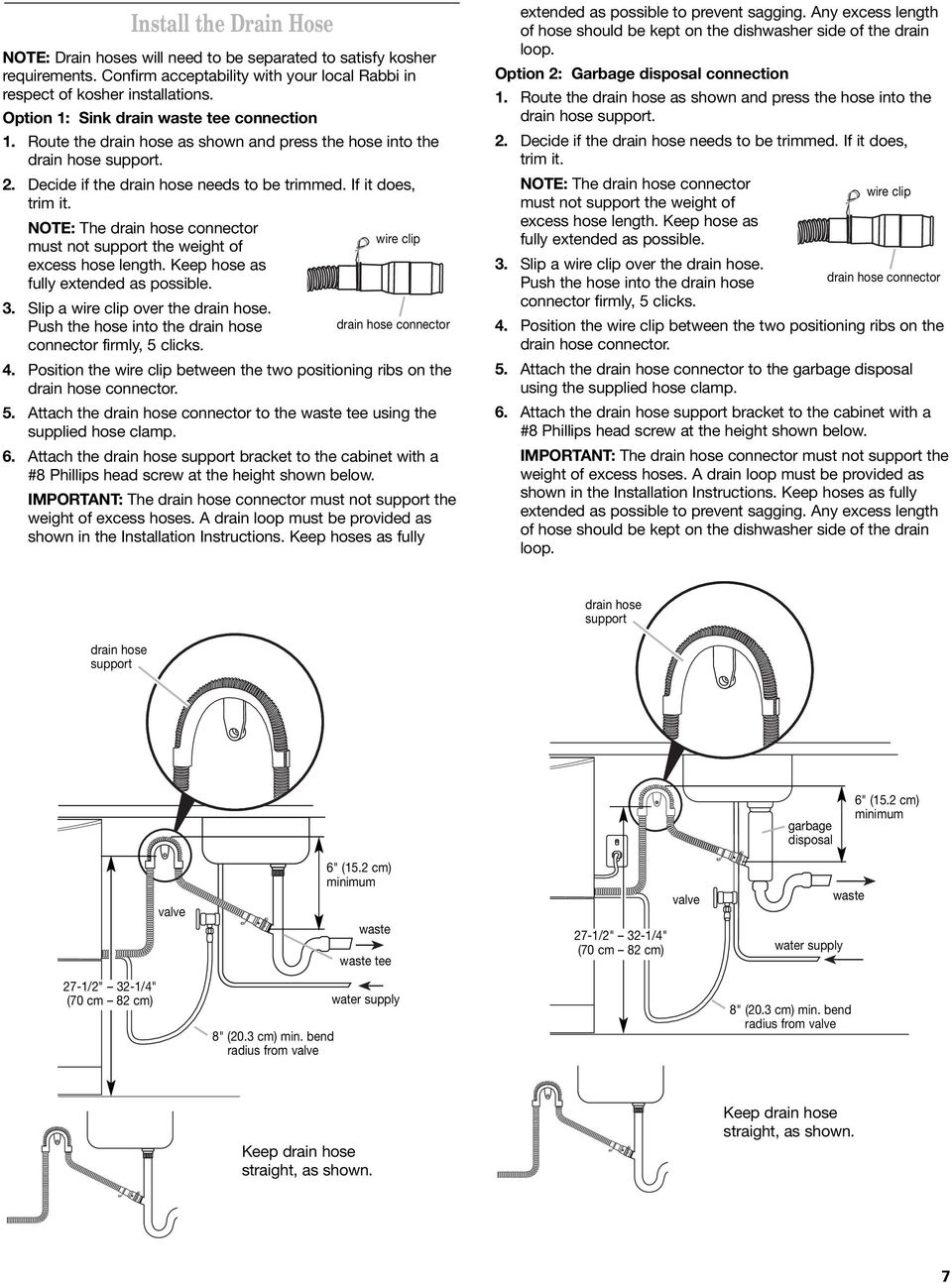 NOTE: The drain hose connector wire clip must not support the weight of excess hose length. Keep hose as fully extended as possible. 3. Slip a wire clip over the drain hose.