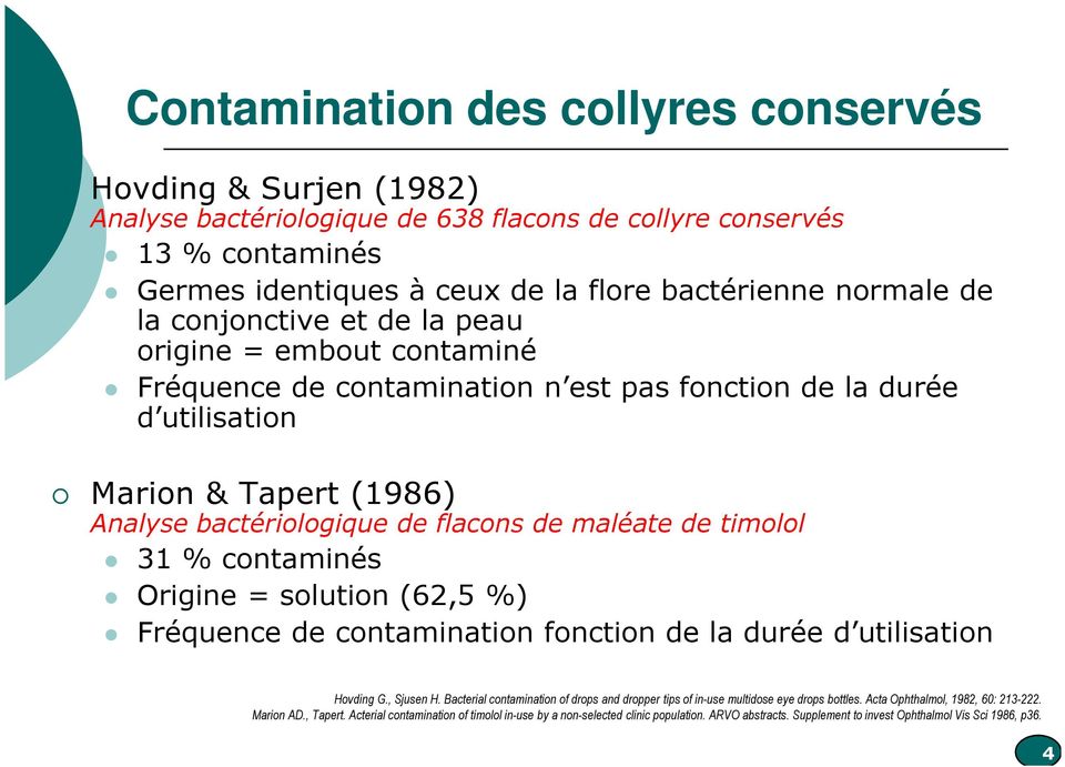 timolol 31 % contaminés Origine = solution (62,5 %) Fréquence de contamination fonction de la durée d utilisation Hovding G., Sjusen H.