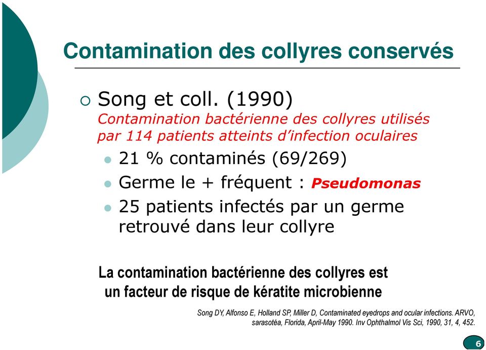 le + fréquent : Pseudomonas 25 patients infectés par un germe retrouvé dans leur collyre La contamination bactérienne des collyres est