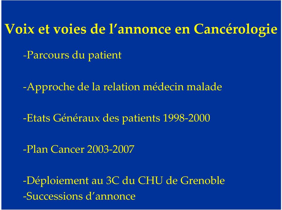 Généraux des patients 1998 2000 Plan Cancer 2003 2007