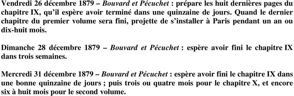 Dimanche 28 décembre 1879 Bouvard et Pécuchet : espère avoir fini le chapitre IX dans trois semaines.