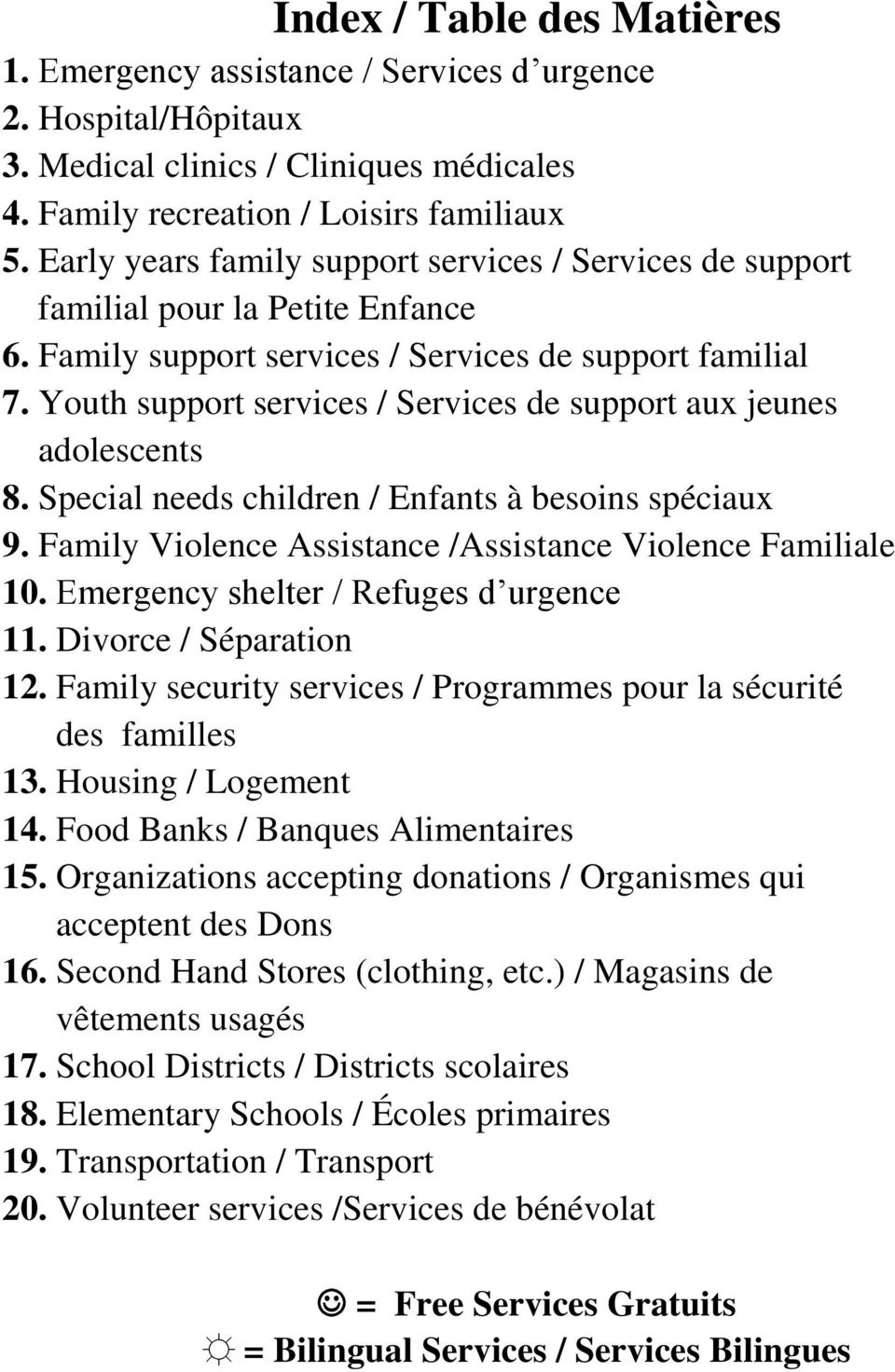 Youth support services / Services de support aux jeunes adolescents 8. Special needs children / Enfants à besoins spéciaux 9. Family Violence Assistance /Assistance Violence Familiale 10.