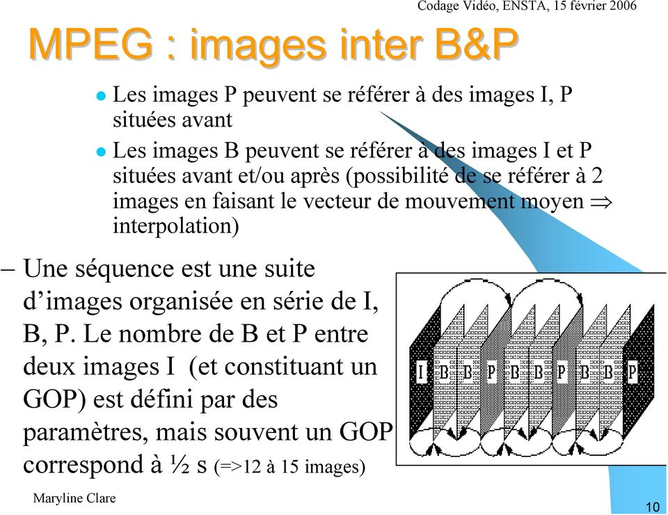 vecteur de mouvement moyen interpolation) Une séquence est une suite d images organisée en série de I, B, P.