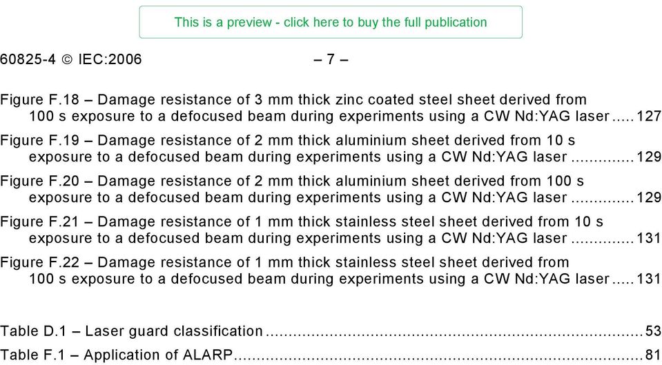 20 Damage resistance of 2 mm thick aluminium sheet derived from 100 s exposure to a defocused beam during experiments using a CW Nd:YAG laser... 129 Figure F.