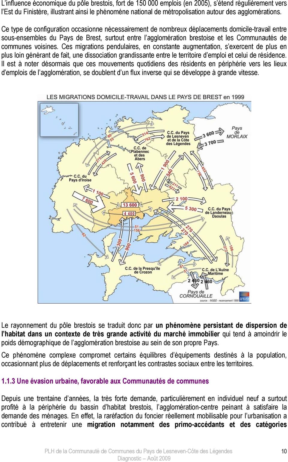 Ce type de configuration occasionne nécessairement de nombreux déplacements domicile-travail entre sous-ensembles du Pays de Brest, surtout entre l agglomération brestoise et les Communautés de