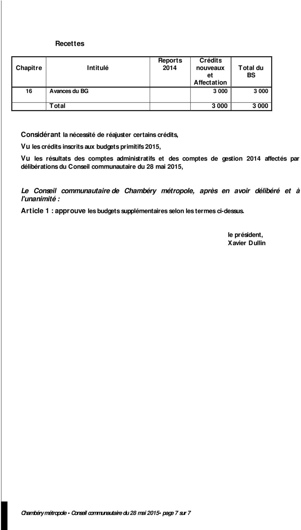 mai 2015, Le Conseil communautaire de Chambéry métropole, après en avoir délibéré à l'unanimité : Article 1 : approuve les budgs