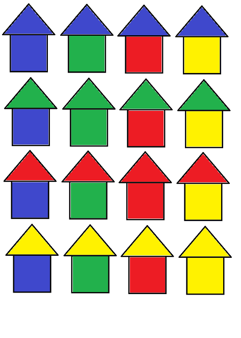 LE PROBLEME A RESOUDRE : On fabrique une «maison» en associant un triangle de couleur (le «toit») et un carré de couleur «le mur»). Le toit et le mur peuvent être de 4 couleurs.