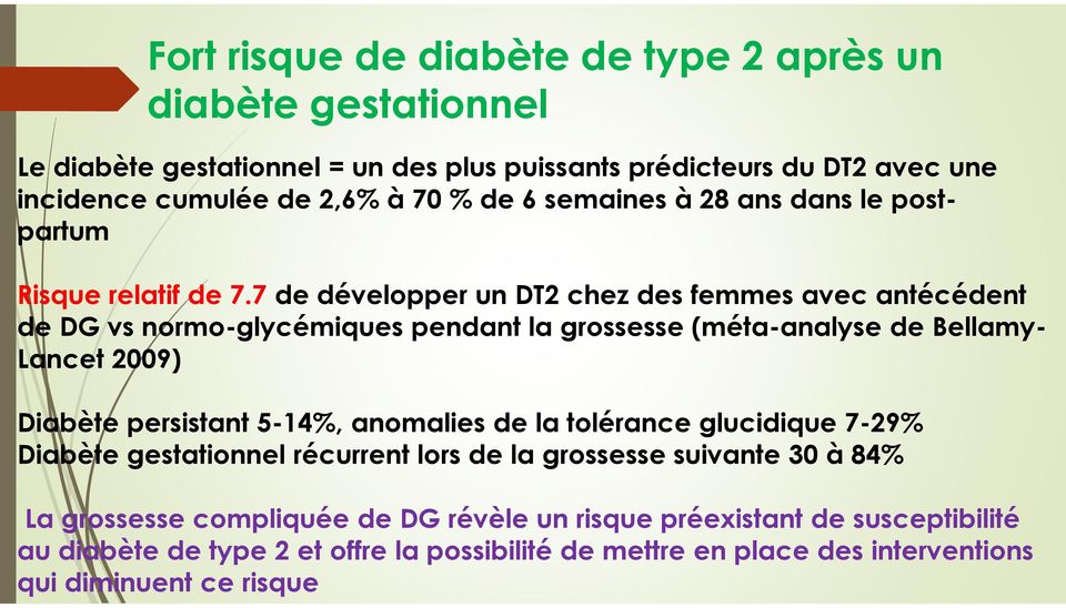 7 de développer un DT2 chez des femmes avec antécédent de DG vs normo-glycémiques pendant la grossesse (méta-analyse de Bellamy- Lancet 2009) Diabète persistant 5-14%,