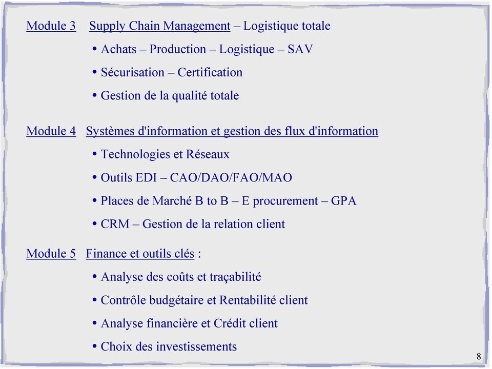 CAO/DAO/FAO/MAO Places de Marché B to B E procurement GPA CRM Gestion de la relation client Module 5 Finance et outils clés :