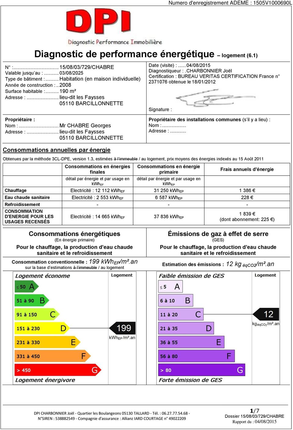 CHARBONNIER Joël Certification : BUREAU VERITAS CERTIFICATION France n 2371076 obtenue le 18/01/2012 Signature : Propriétaire : Nom :... Mr CHABRE Georges Adresse :.