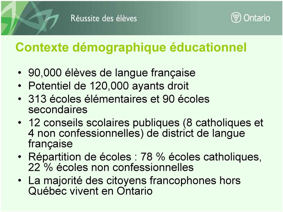 et 4 non confessionnelles) de district de langue française Répartition de écoles : 78 % écoles