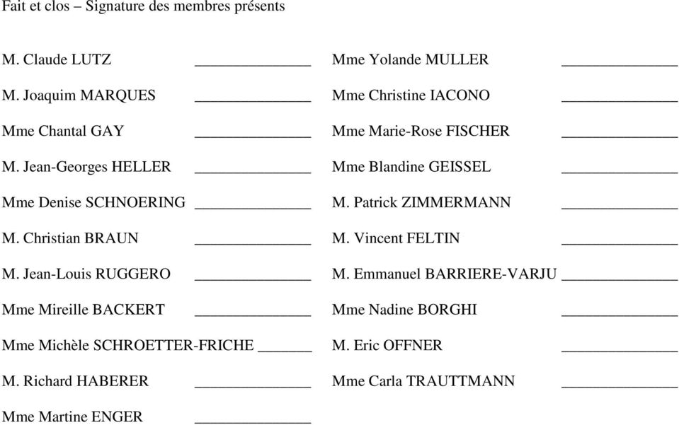 Jean-Georges HELLER Mme Blandine GEISSEL Mme Denise SCHNOERING M. Patrick ZIMMERMANN M. Christian BRAUN M.