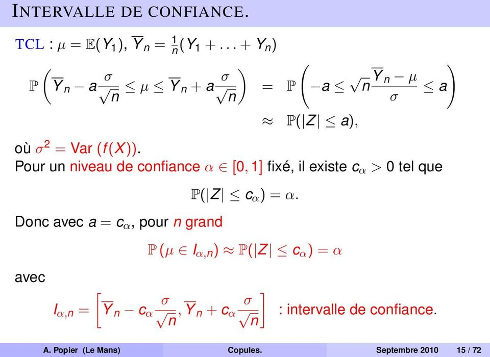 Pour un niveau de confiance α [0, 1] fixé, il existe c α > 0 tel que Donc avec a = c α, pour n grand