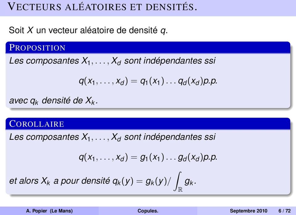 p. avec q k densité de X k. COROLLAIRE Les composantes X 1,..., X d sont indépendantes ssi q(x 1,.