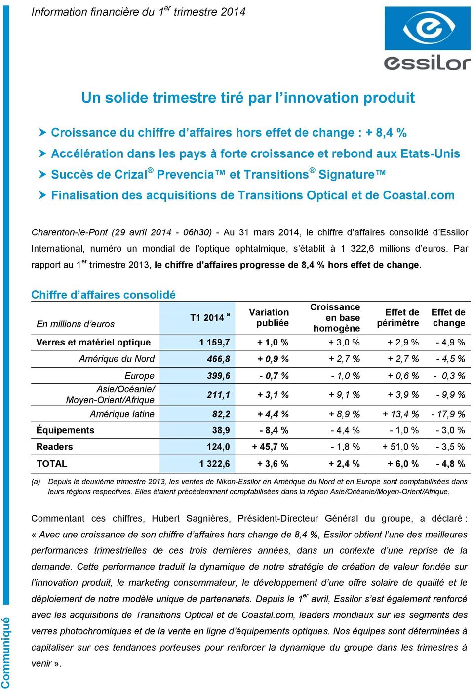 com Charenton-le-Pont (29 avril 2014-06h30) - Au 31 mars 2014, le chiffre d affaires consolidé d Essilor International, numéro un mondial de l optique ophtalmique, s établit à 1 322,6 millions d