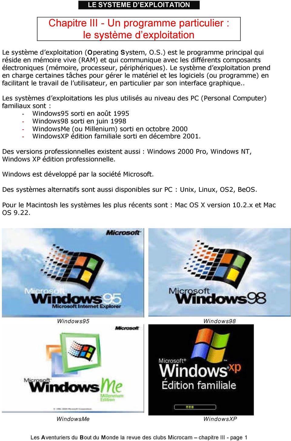 . Les systèmes d exploitations les plus utilisés au niveau des PC (Personal Computer) familiaux sont : - Windows95 sorti en août 1995 - Windows98 sorti en juin 1998 - WindowsMe (ou Millenium) sorti
