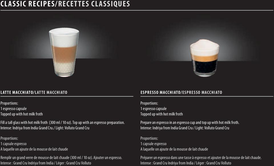 / Light: Volluto Grand Cru Proportions: 1 capsule espresso A laquelle on ajoute de la mousse de lait chaude Remplir un grand verre de mousse de lait chaude (300 / 10 oz). Ajouter un espresso.