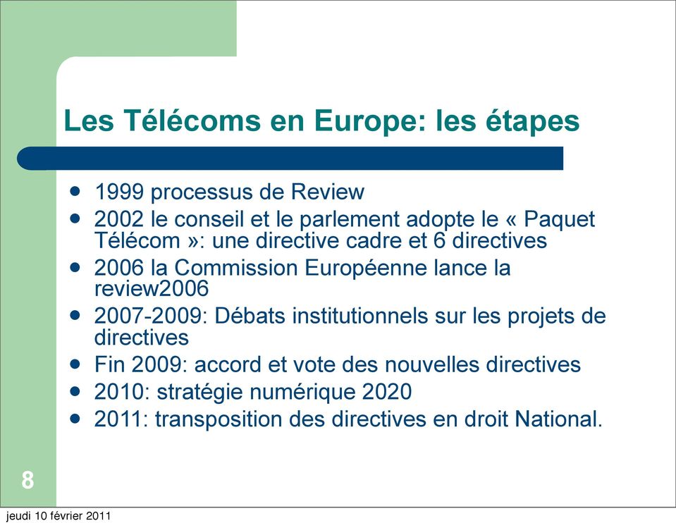 review2006 2007-2009: Débats institutionnels sur les projets de directives Fin 2009: accord et vote