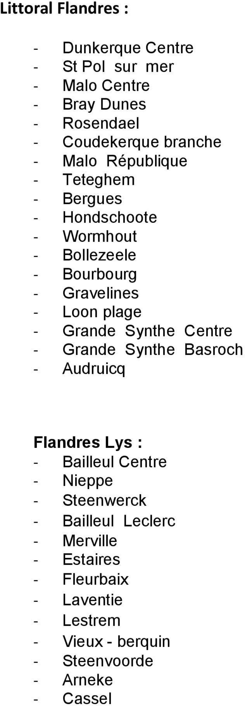 Grande Synthe Centre - Grande Synthe Basroch - Audruicq Flandres Lys : - Bailleul Centre - Nieppe - Steenwerck -