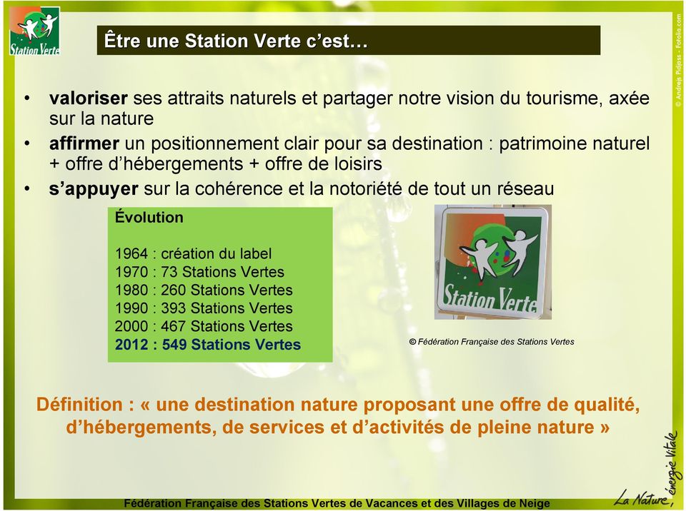: création du label 1970 : 73 Stations Vertes 1980 : 260 Stations Vertes 1990 : 393 Stations Vertes 2000 : 467 Stations Vertes 2012 : 549 Stations Vertes