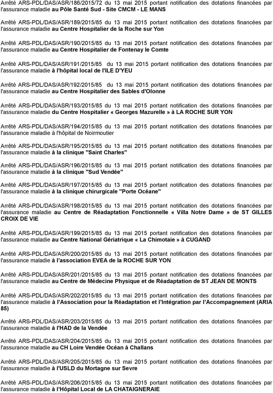 dotations financées par l'assurance maladie au Centre Hospitalier de Fontenay le Comte Arrêté ARS-PDL/DAS/ASR/191/2015/85 du 13 mai 2015 portant notification des dotations financées par l'assurance