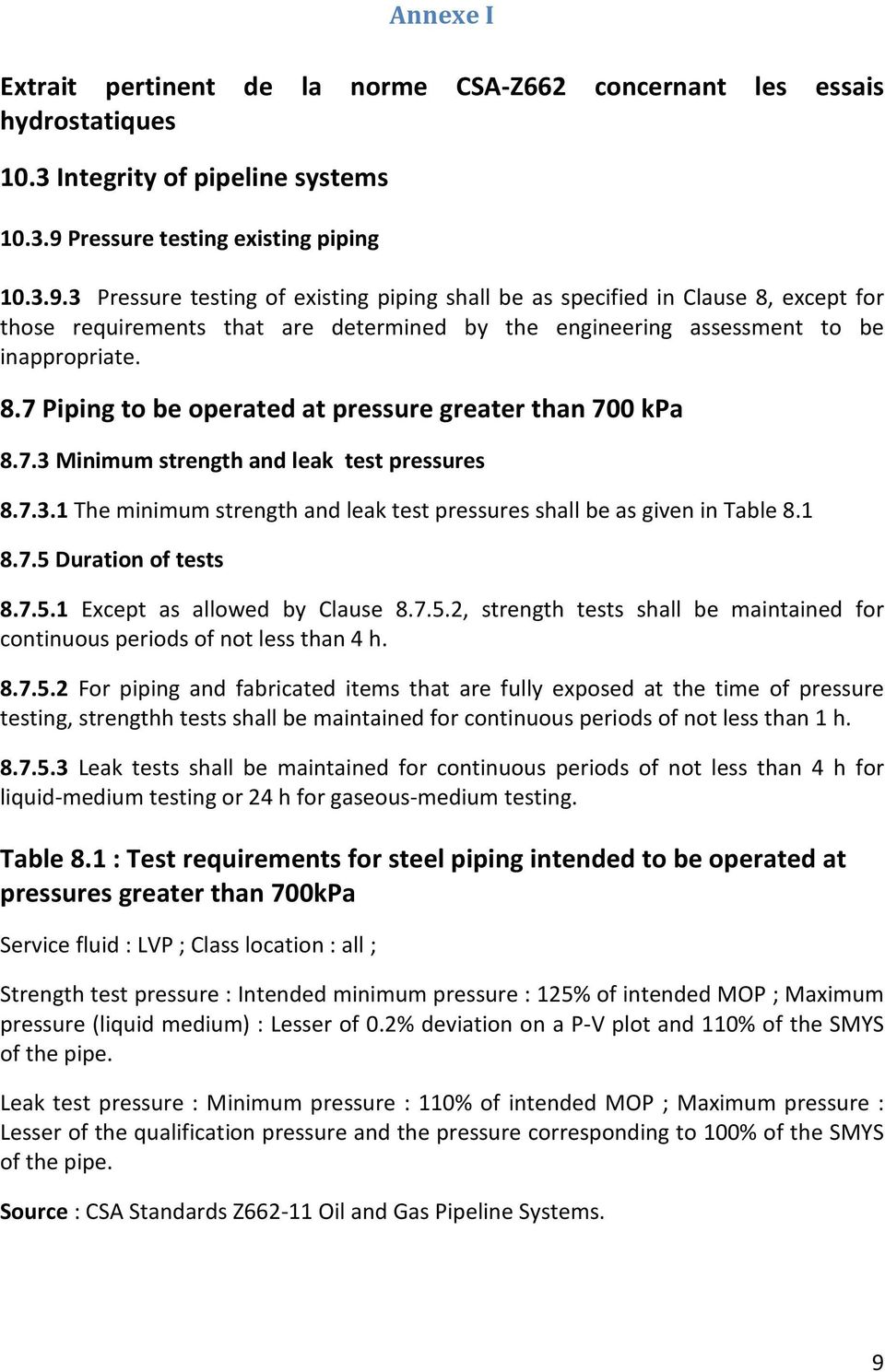 3 Pressure testing of existing piping shall be as specified in Clause 8, except for those requirements that are determined by the engineering assessment to be inappropriate. 8.7 Piping to be operated at pressure greater than 700 kpa 8.