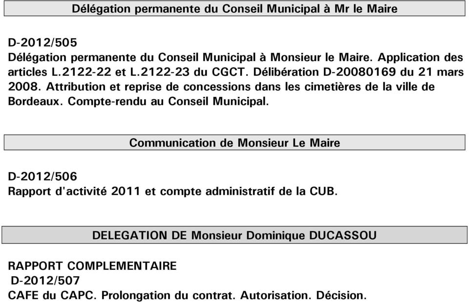 Attribution et reprise de concessions dans les cimetières de la ville de Bordeaux. Compte-rendu au Conseil Municipal.