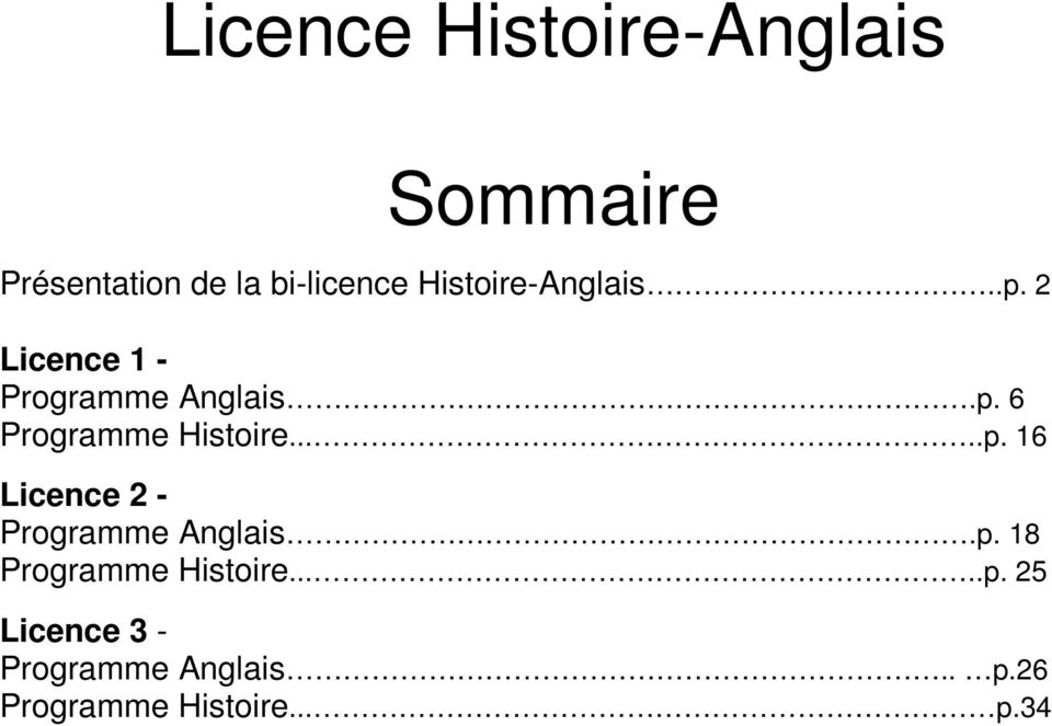 ....p. 16 Licence 2 - Programme Anglais.p. 18 Programme Histoire.....p. 25 Licence 3 - Programme Anglais.