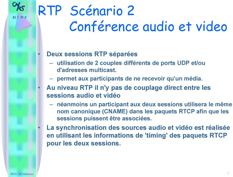 Au niveau RTP il n'y pas de couplage direct entre les sessions audio et vidéo néanmoins un participant aux deux sessions utilisera le même nom