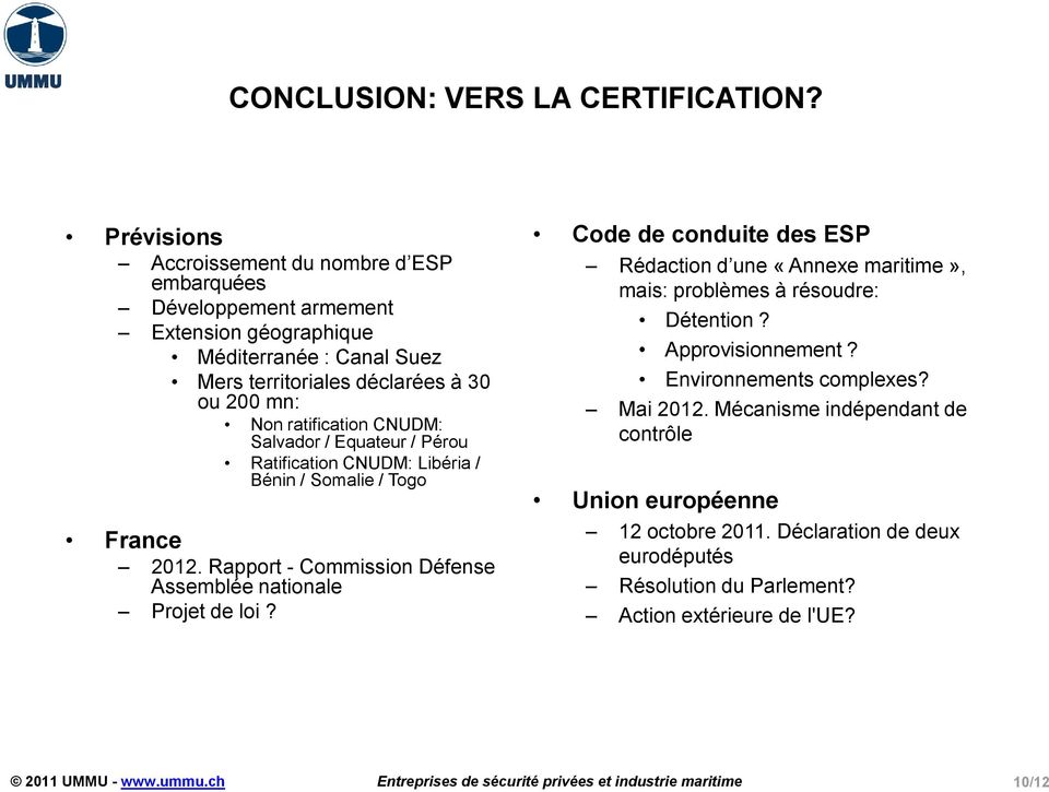 ratification CNUDM: Salvador / Equateur / Pérou Ratification CNUDM: Libéria / Bénin / Somalie / Togo France 2012.