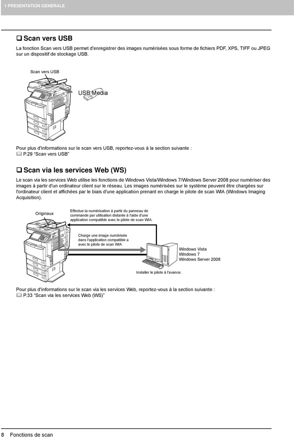 29 Scan vers USB Scan via les services Web (WS) Le scan via les services Web utilise les fonctions de Windows Vista/Windows 7/Windows Server 2008 pour numériser des images à partir d'un ordinateur