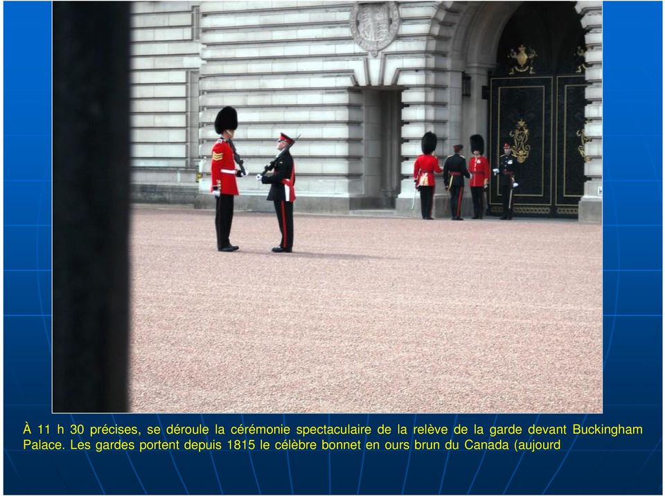 Les gardes portent depuis 1815 le célèbre bonnet en ours brun du Canada (aujourd hui