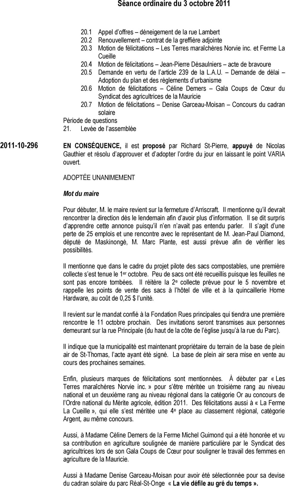 6 Motion de félicitations Céline Demers Gala Coups de Cœur du Syndicat des agricultrices de la Mauricie 20.