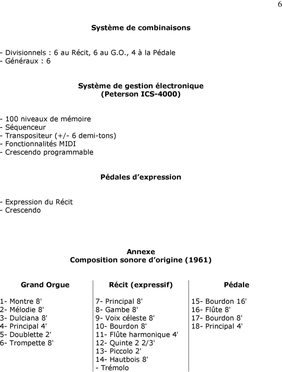 MIDI - Crescendo programmable Pédales d expression - Expression du Récit - Crescendo Annexe Composition sonore d origine (1961) Grand Orgue 1- Montre 8' 2- Mélodie 8' 3-
