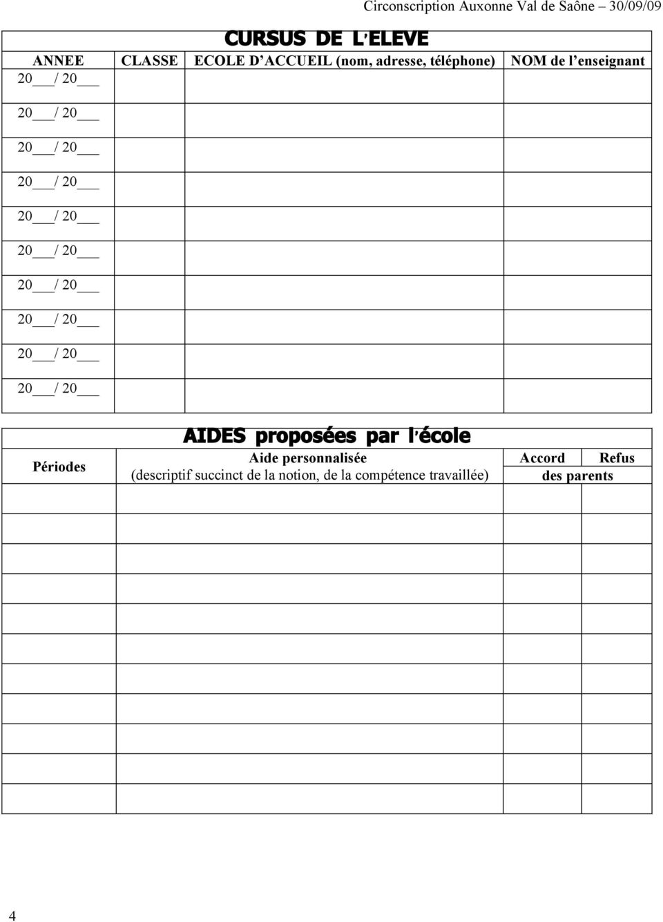 / 20 20 / 20 Périodes AIDES proposées par l école Aide personnalisée