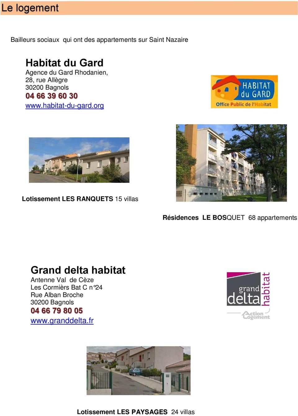 org Lotissement LES RANQUETS 15 villas Résidences LE BOSQUET 68 appartements Grand delta habitat Antenne