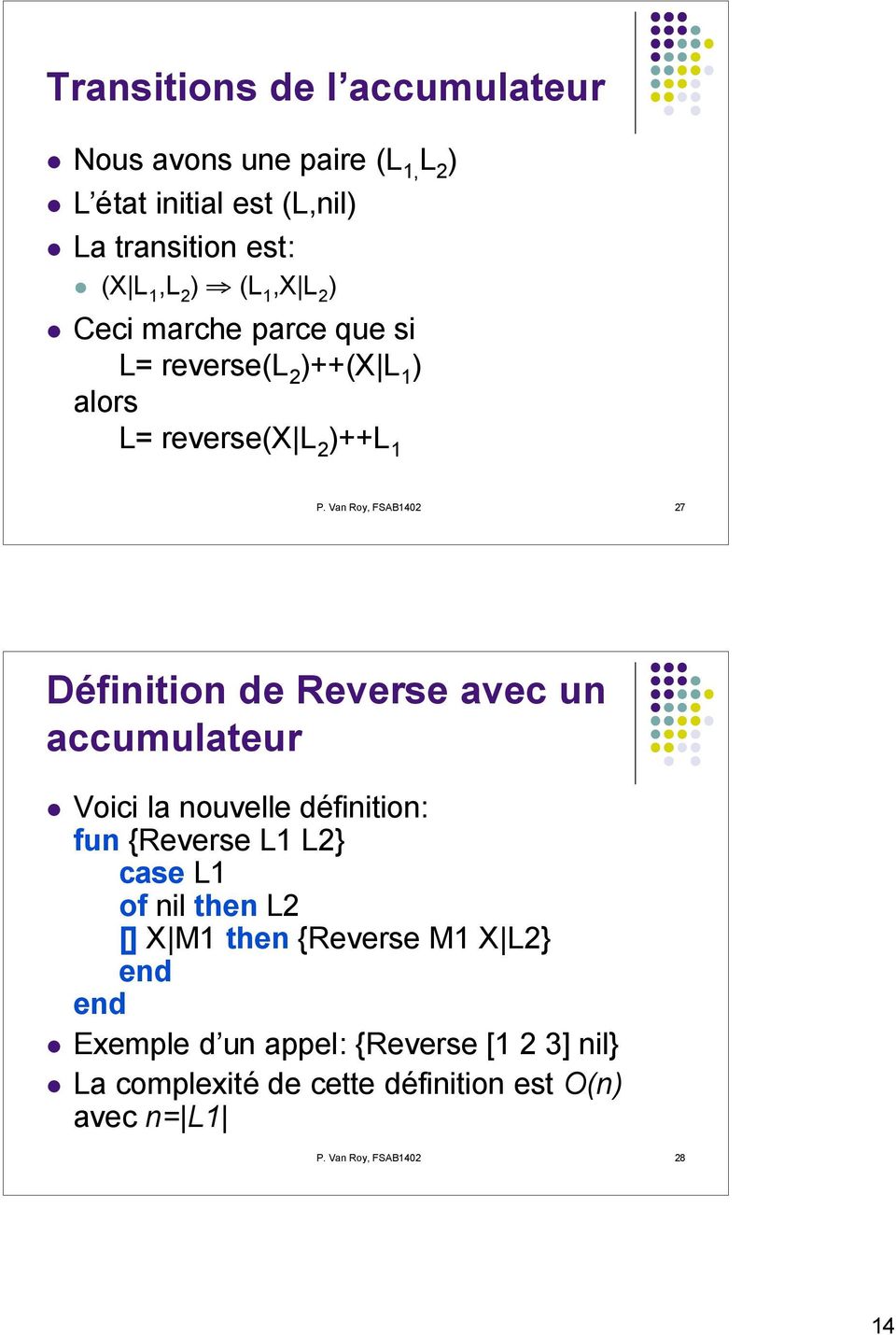 Van Roy, FSAB1402 27 Définition de Reverse avec un accumulateur Voici la nouvelle définition: fun {Reverse L1 L2} case L1 of