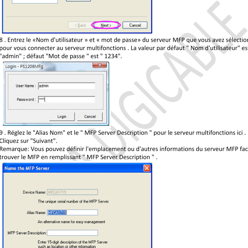 8. Entrez le «Nom d'utilisateur» et «mot de passe» du serveur MFP que vous avez sélectionné pour vous connecter au serveur multifonctions.