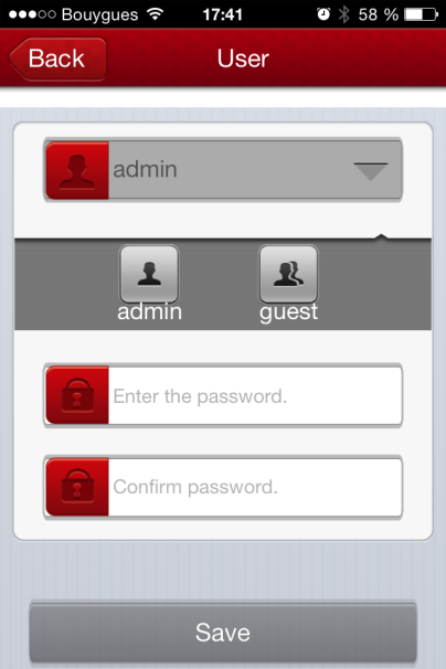 Mot de passe Administrateur : Entrez le mot de passe et confirmez le. Sauvegardez.