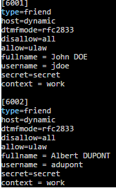 [6002] > Numéro SIP type=friend > type d objet SIP, friend = utilisateur host=dynamic > Vous pouvez vous connecter à ce compte SIP à partir de n importe quelle adresse IP dtmfmode=rfc2833 > type de