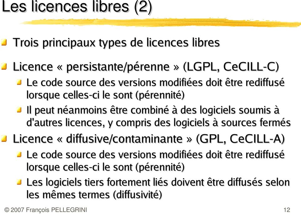 licences, y compris des logiciels à sources fermés Licence «diffusive/contaminante» (GPL, CeCILL-A) Le code source des versions modifiées
