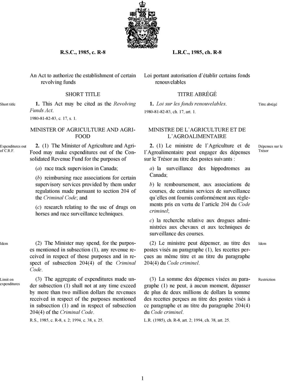 This Act may be cited as the Revolving Funds Act. 1980-81-82-83, c. 17, s. 1. 1. Loi sur les fonds renouvelables. 1980-81-82-83, ch. 17, art. 1. Titre abrégé MINISTER OF AGRICULTURE AND AGRI- FOOD MINISTRE DE L AGRICULTURE ET DE L AGROALIMENTAIRE Expenditures out of C.