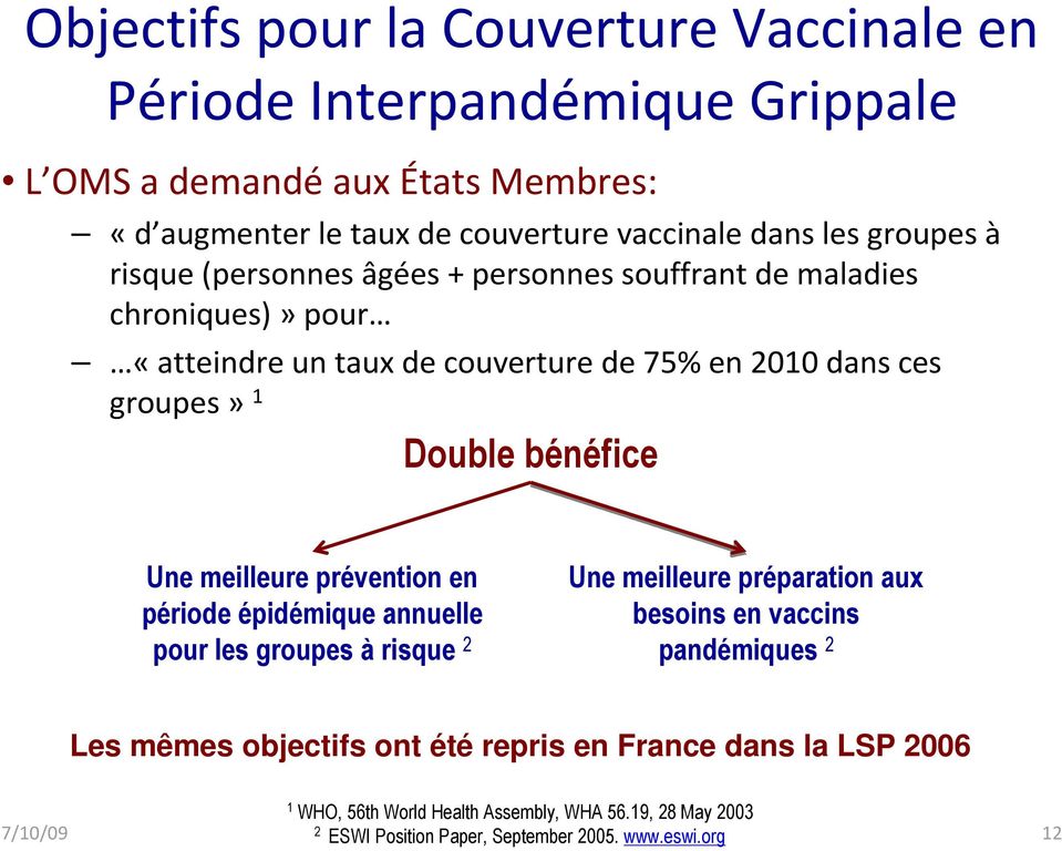bénéfice Une meilleure prévention en période épidémique annuelle pour les groupes à risque 2 Une meilleure préparation aux besoins en vaccins pandémiques 2 Les mêmes