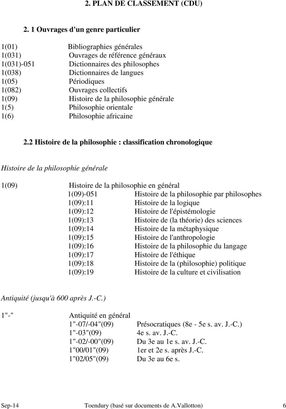 1(082) Ouvrages collectifs 1(09) Histoire de la philosophie générale 1(5) Philosophie orientale 1(6) Philosophie africaine 2.